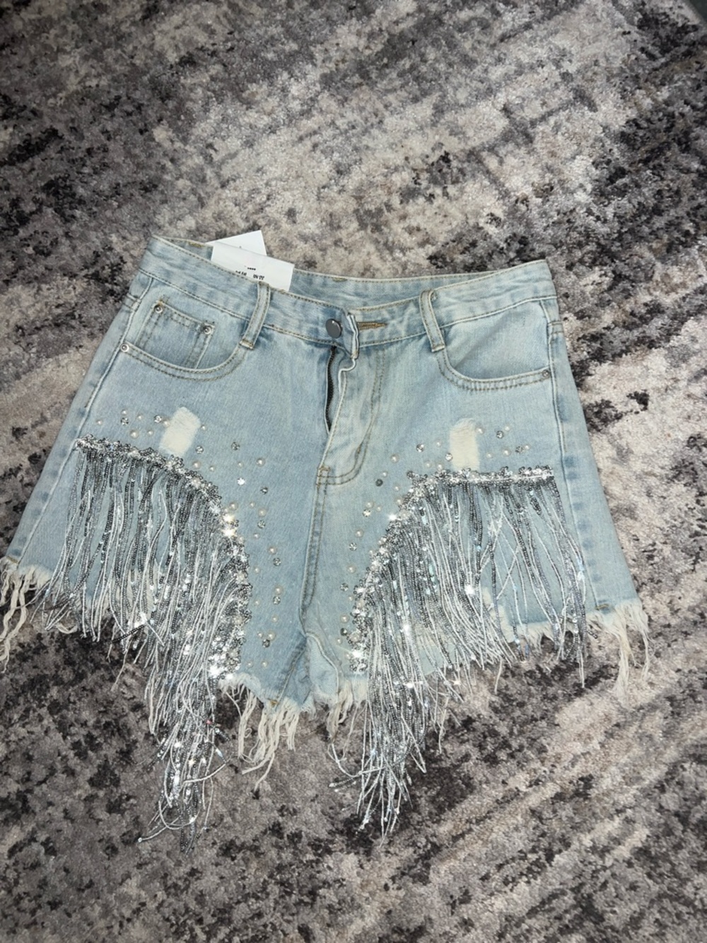 Fringed Sequin Light Wash Denim Shorts